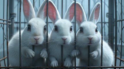 Obraz premium Three funny fluffy rabbits with silky and soft white fur in a cage
