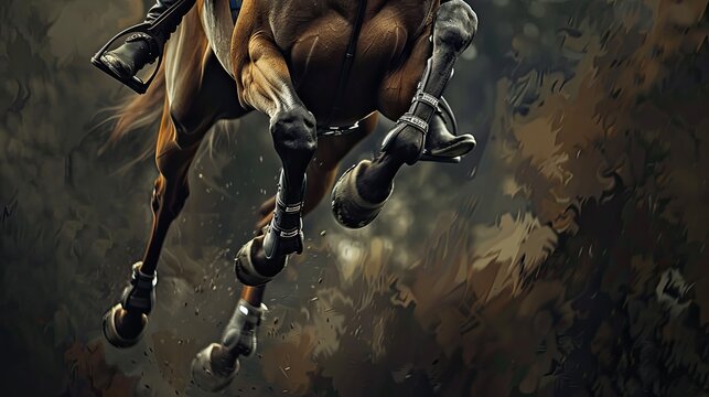 The leg of the rider in the stirrup riding on a horse Stirrup close up The horse overcomes an obstacle Equestrian sport jumping Overcome obstacles Jumping competition Horseback riding Show ju