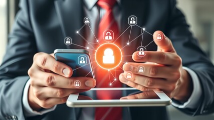 Businessman Hands Using Phone and Tablet with Network Links