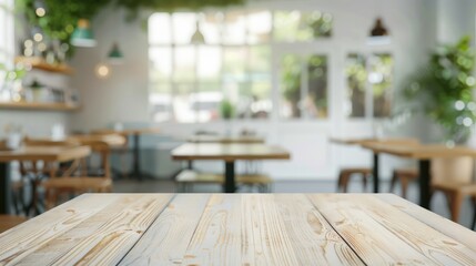 Empty minimal table and blurred background in a white coffee shop