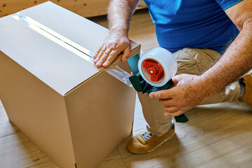 Senior man kneeling and taping cardboard box in new apartment