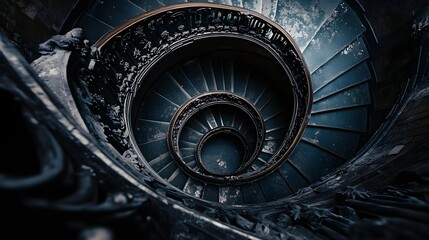Fototapeta premium Endless Staircase A spiral staircase with countless steps ascends into an inky black void, offering no escape