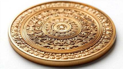 Intricate golden coin featuring ornate patterns and detailed engravings, perfect for showcasing craftsmanship and design.