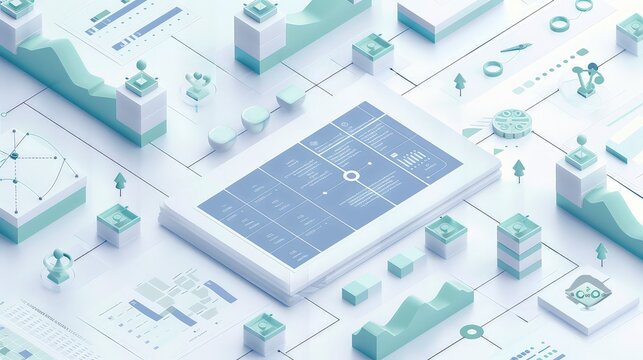 An isometric view of a financial report presentation with complex flowcharts and data matrices, rendered in subtle shades of blue and green, isolated on a white background for clarity.