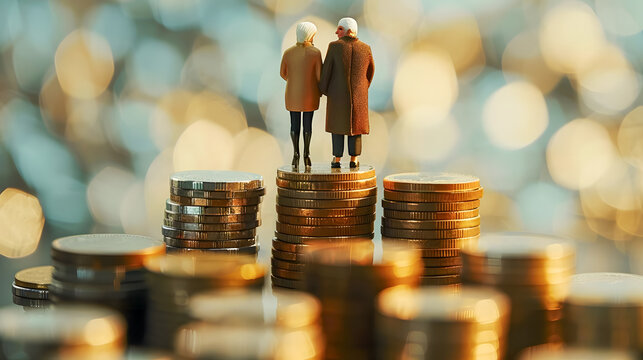 Concept of retirement planning. Old couple standing on top of coin stack. Retirement saving or investment pension fund, planning for wealth and expense for living after retire