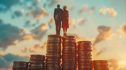 Concept of retirement planning. Old couple standing on top of coin stack. Retirement saving or investment pension fund, planning for wealth and expense for living after retire