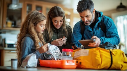 Fototapeta premium Family members checking their emergency kit contents against a checklist, ensuring they have everything needed for any situation.