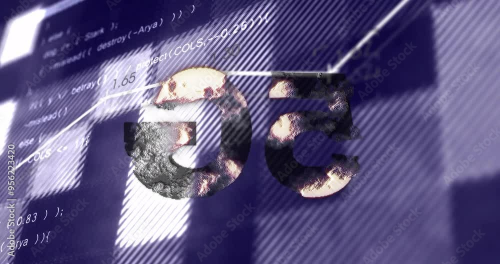 Poster programming code and data visualization animation over abstract background with glitch effect