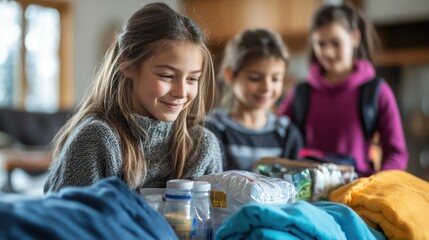 Obraz premium Family members organizing emergency supplies, such as blankets, water, and canned food, into an easy-to-carry backpack.