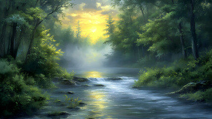 Fototapeta premium Sunrise Over Forest River