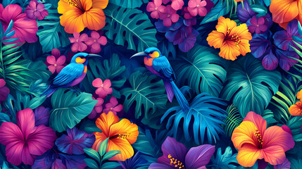 Tropical Birds and Flowers Seamless Pattern