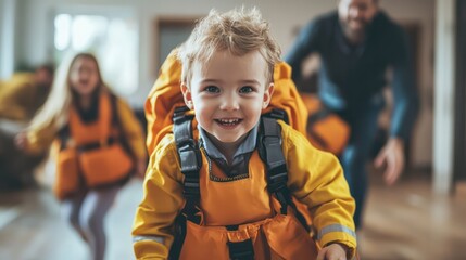 Family members practicing emergency escape routes with their kit in hand, reinforcing the importance of preparedness and drills.