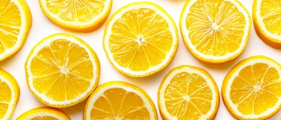 Obraz premium Stylized lemon slices in a repeating pattern, vibrant yellow on white background, fresh and modern design