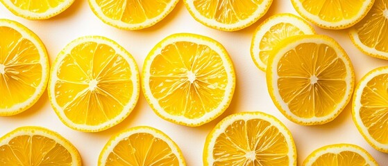 Fototapeta premium Stylized lemon slices in a repeating pattern, vibrant yellow on white background, fresh and modern design