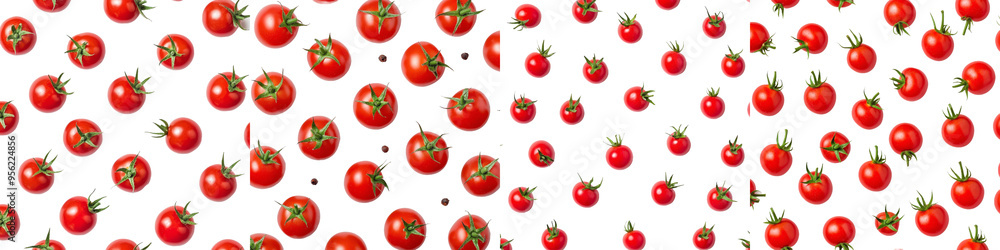 Poster white background with tomato isolated on it, seamless, pattern.