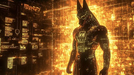 A futuristic depiction of Anubis within a glowing golden pyramid, with walls adorned with digital hieroglyphs and advanced technology