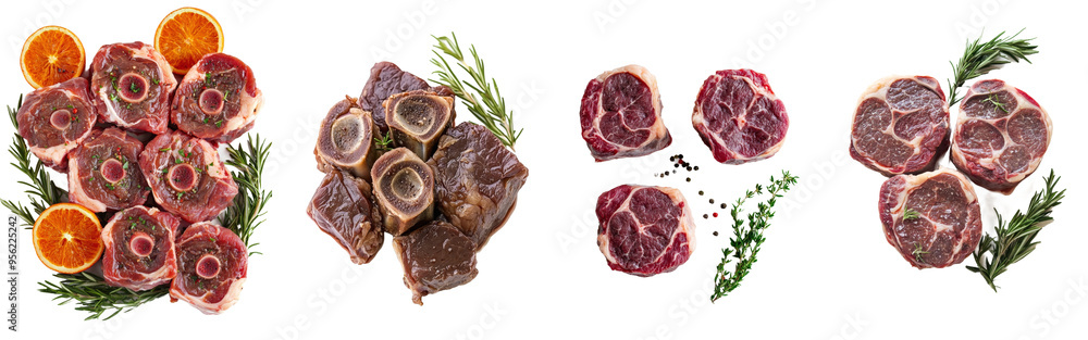 Poster a falling beef shank, an osso bucco steak, with a full depth of field and a clipping path, is isolat