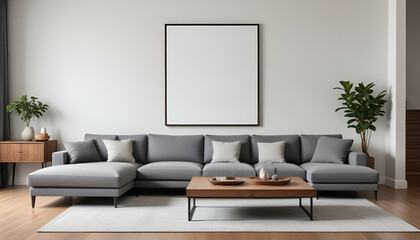 A living room with a gray sofa, white throw pillows, and a white blank framed on the wall