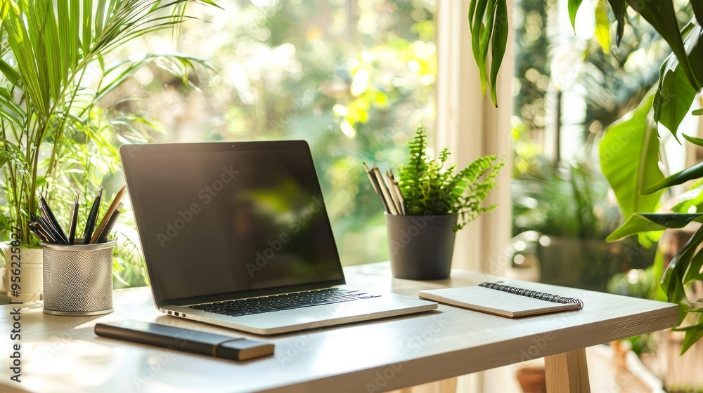 Wall mural A laptop computer on a white desk with plants in front of a window.