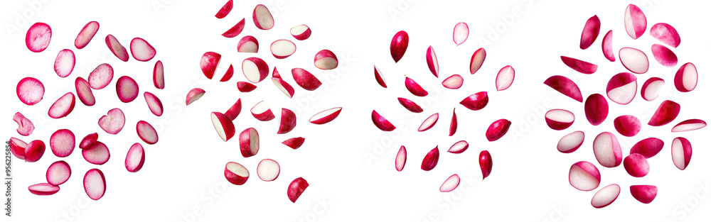 Aufkleber Isolated falling Radish slice with full depth of field, clipping path, white background