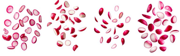 Isolated falling Radish slice with full depth of field, clipping path, white background