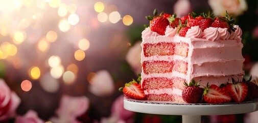 Sliced strawberry cake with layers of fresh strawberries and pink frosting, displayed on a white stand, ideal for dessert-themed imagery