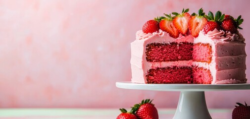 Sliced strawberry cake with layers of fresh strawberries and pink frosting, displayed on a white stand, ideal for dessert-themed imagery