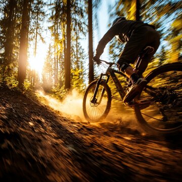 Speeding mountain biker in a forest, dynamic shot with dust trailing behind, showcasing extreme sports