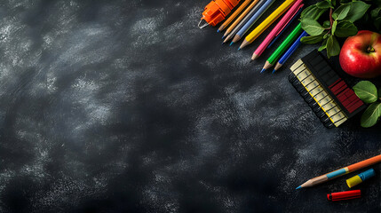 Black Chalkboard Background with School Supplies Apple and Copy Space