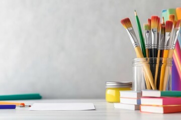 Obraz premium Close-Up of an Art Supplies Table with Brushes, Paintbrushes, and Color Palettes