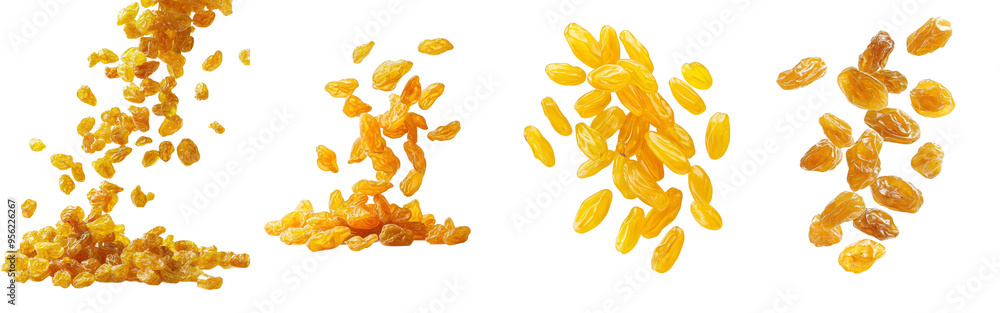 Poster raisin falling on white background, clipping path, shallow depth of field