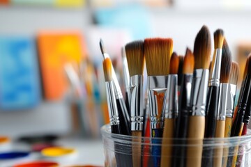 Close-Up of an Art Supplies Table with Brushes, Paintbrushes, and Color Palettes