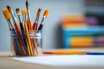 Close-Up of an Art Supplies Table with Brushes, Paintbrushes, and Color Palettes