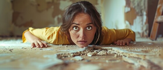 woman hiding under table during earthquake