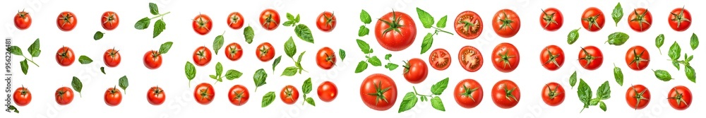 Poster a set of tomatoes with leaves isolated on a white background, clipped path, and full depth of field 
