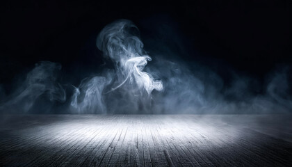 White smoke or fog flow on floor. Large mist in dark room on black background. Smoke on stage studio