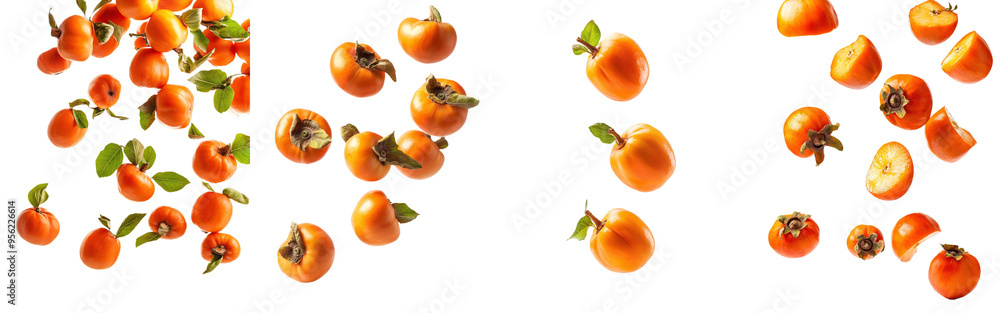 Poster clipping path, full depth of field, falling persimmon isolated on white