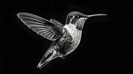 hummingbird in mid-flight, showcasing its intricate feather patterns and graceful movement sketch engraving generative ai vector illustration. Scratch board imitation. Black and white image.
