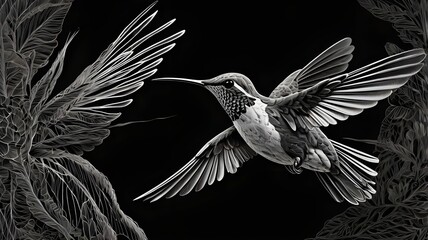 hummingbird in mid-flight, showcasing its intricate feather patterns and graceful movement sketch engraving generative ai vector illustration. Scratch board imitation. Black and white image.
