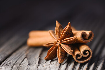 Macro shot of anise star and two cinnamon sticks close up. Food photography