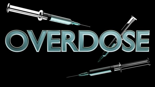 A 3D illustration of the word 'OVERDOSE' surrounded by a collection of syringes filled with liquid drugs.