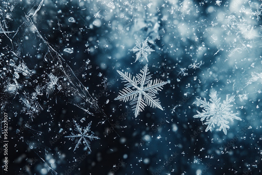 Aufkleber Abstract snowflakes float through a serene blue background, creating a tranquil winter atmosphere filled with quiet beauty. Generative AI