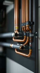 Close-up view of copper pipes and plumbing installations in an industrial setting with focus on pipe fittings.