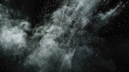 Fototapeta premium white dust debris isolated on black background motion powder spray burst in dark texture