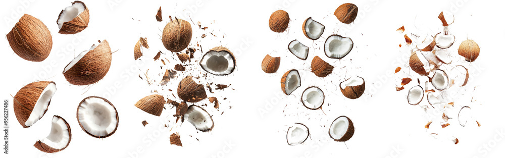 Poster coconuts falling to the ground on a white background. clipping path, depth of field, full