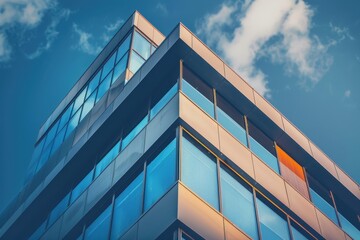 Fototapeta premium Modern Office Building with Glass Facade and Blue Sky