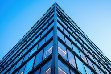 Obraz premium Modern Glass Facade of a High-Rise Building Against a Blue Sky