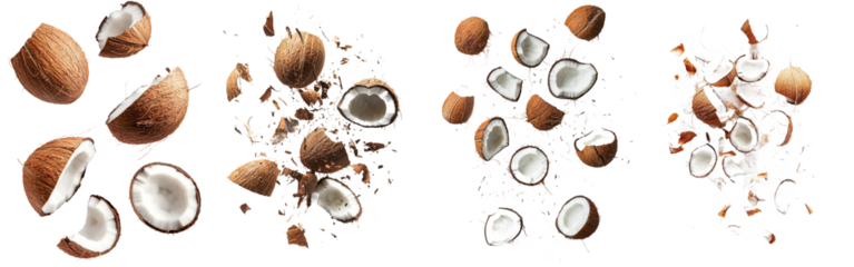 Coconuts falling to the ground on a white background. Clipping path, depth of field, full