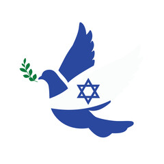 Dove symbol of peace isolated on white background. Israel national flag