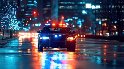 Officer responding to an emergency call, swiftly navigating city streets with lights flashing, showcasing urgency and readiness.